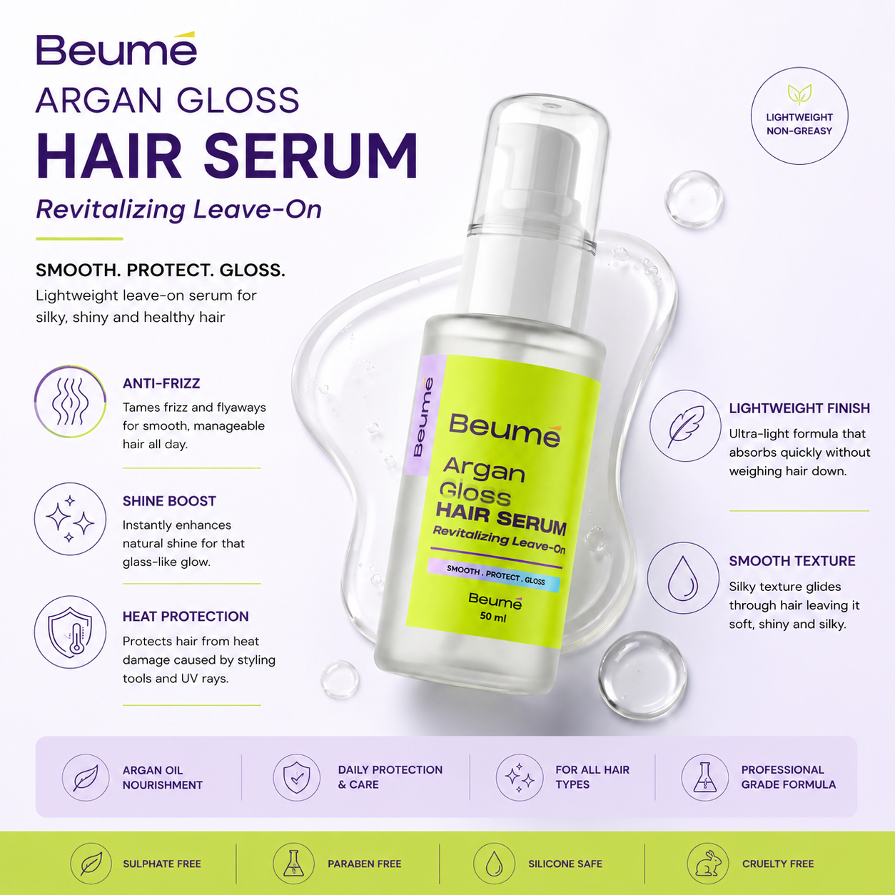 Beume Argan Gloss Hair Serum – Anti Frizz Leave-In Serum with UV & Heat Protection