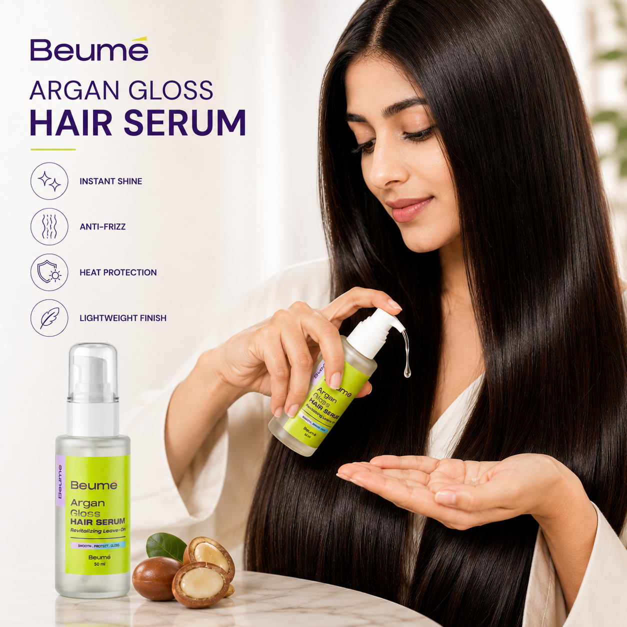 Beume Argan Gloss Hair Serum – Anti Frizz Leave-In Serum with UV & Heat Protection